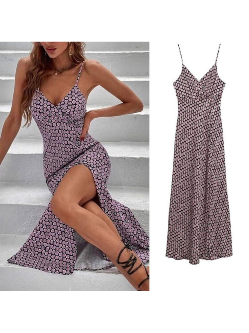 Zara maxi dress floral geometric cami satin like material button slit y2k sz sm